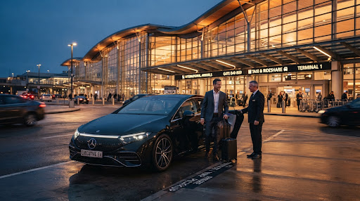 Sleek executive electric sedan car picking up passenger outside modern international airport terminal building at dusk, cinematic warm architectural lighting, luxury transportation