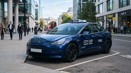 A sleek, modern taxi cab in a clean urban setting, crisp daytime lighting, modern electric or hybrid vehicle with subtle stylish taxi roof light